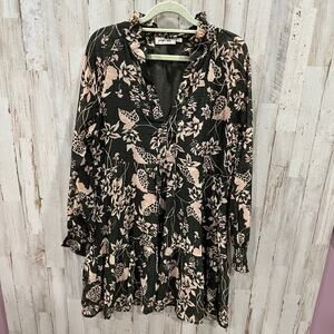 Juniper Blu Floral V Neck Sheer Sleeve Ruffle Boutique Mini Dress Womens Small